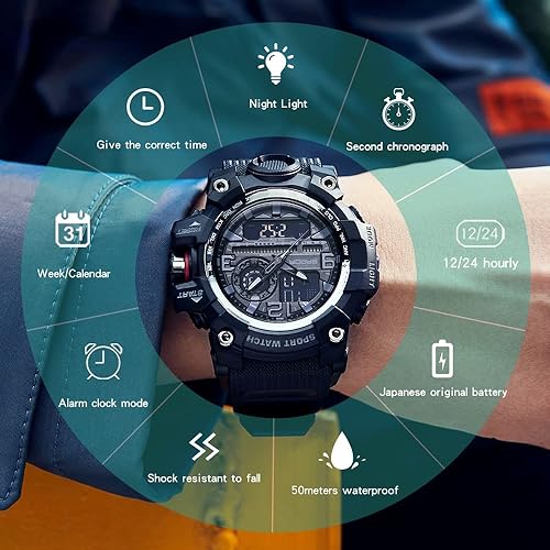 Miniatura 4 de AIMES Mens Watches Sports Outdoor Waterproof Military Watch for Men Tactical Watch Analog Digital Date Alarm Stopwatch Multi-Function Tactics Big
