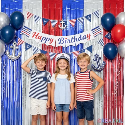Image of Blue Silver Red Party Streamers - GREATRIL Patriotic Tinsel Foil Fringe Backdrop Decorations for 4th of July Decorations /Independence Day /Memorial Day Party Supplies 3.2ft x 8.2ft 2 PCS