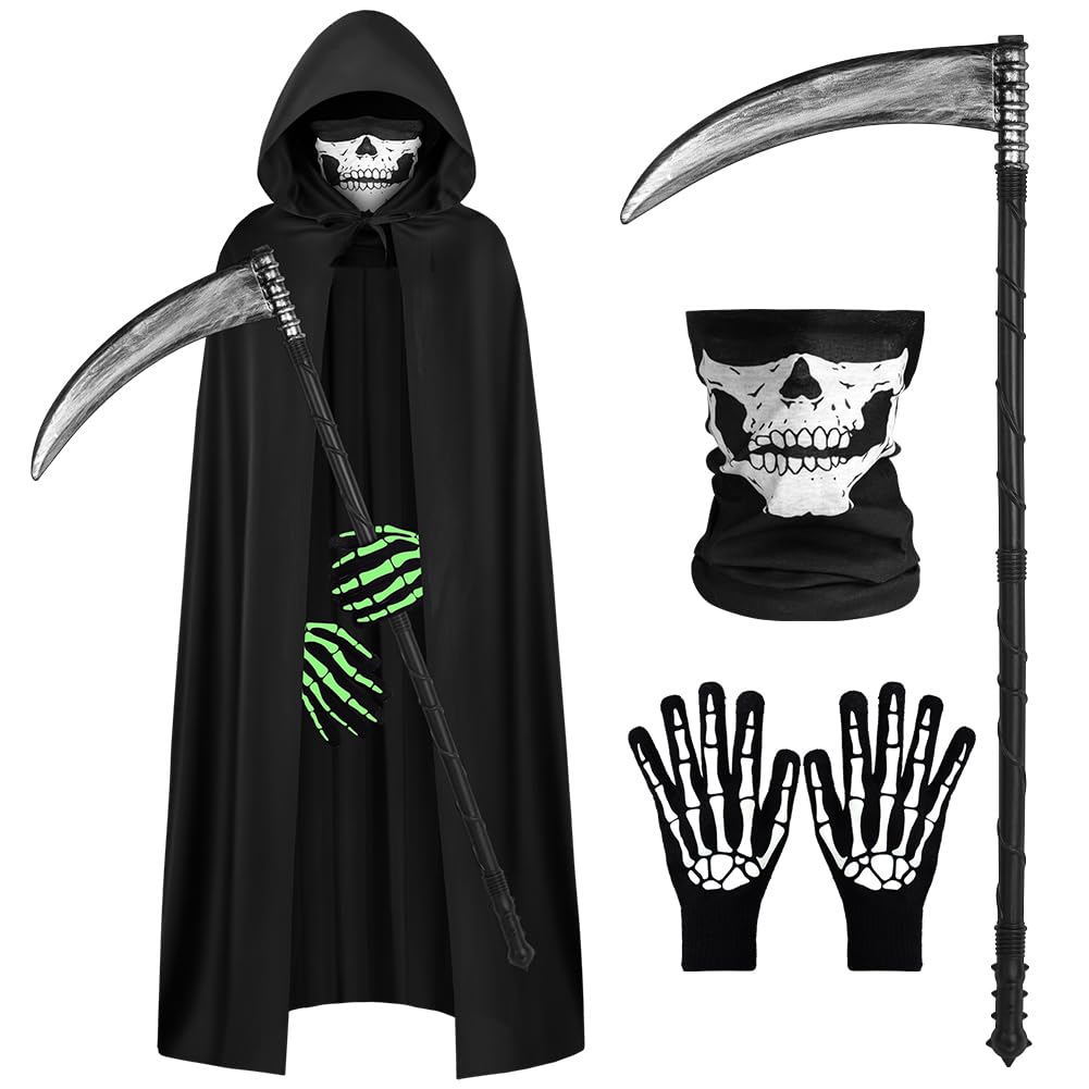 AOOWU Halloween Costumes,Black Grim Reaper Costume for Men,4 PCS Spooky Horror Robe With Scythe Prop Gloves Facewear Cloak Set Halloween Skeleton Reaper Fancy Dress for Adult Adoles cent Death Cosplay