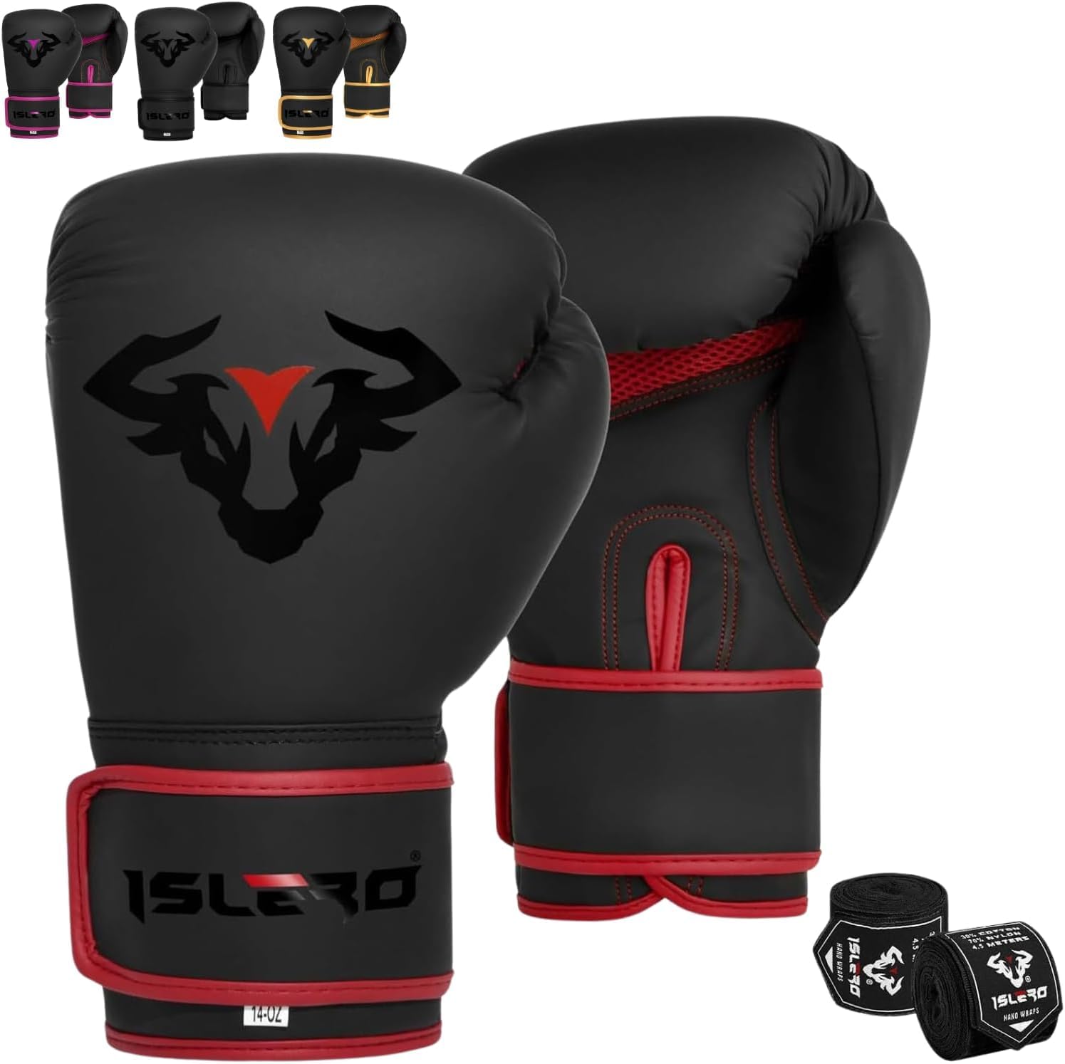 Islero EVO Fitness Matte Black Boxing Gloves Men Punch Bag Women Pink MMA Muay Thai Martial Arts Kick Boxing Sparring Training Fighting Gloves With Hand Wraps