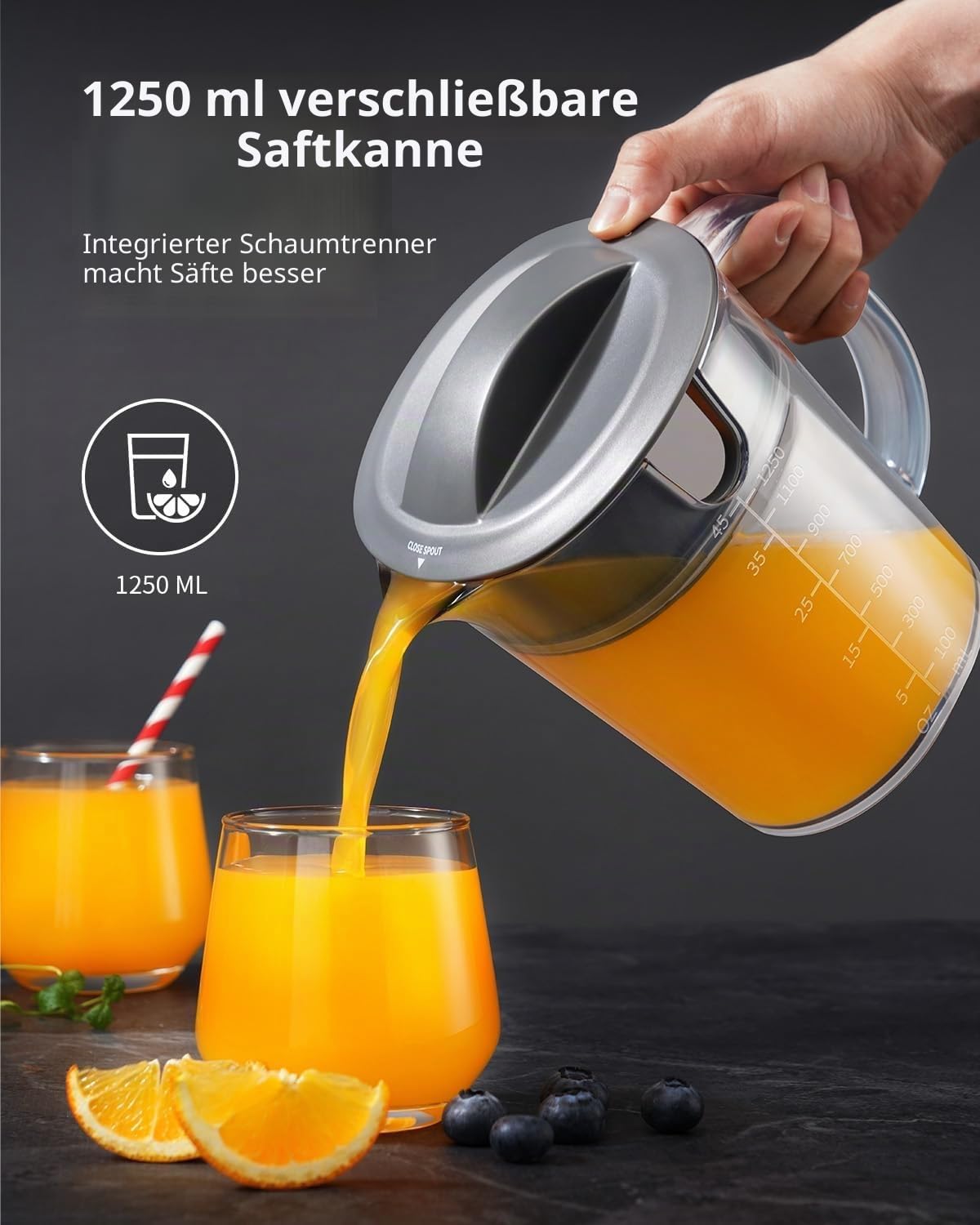 GDOR Entsafter 1300W Entsafter Gemüse und Obst mit Größerem 81mm Einfüllschacht 1250ml Großer Saftkrug Hohe Saftausbeute Juicer Machine 3 Geschwindigkeiten Juicer leicht zu Reinigen Bürste Tropfschutz