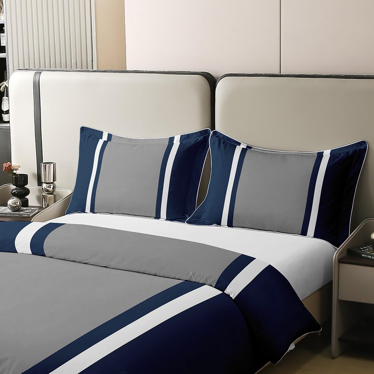 Juego de ropa de cama azul marino para niños, tamaño Super King, funda de edredón geométrica 100% algodón para niños, niñas, adolescentes, decoración de dormitorio, juego de funda de edredón con
