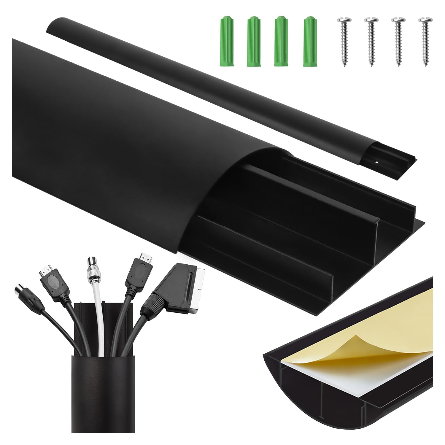 Maclean aluminum cable duct 750x62x20mm | Semicircular profile for HDMI audio LAN | Includes mounting accessories | For wall and floor installation | Two-part system (Black)