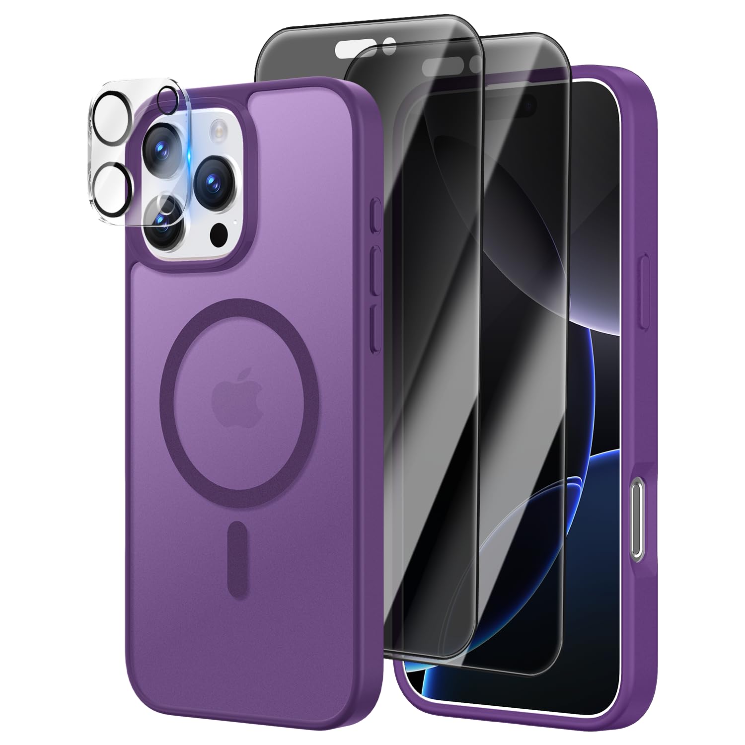 [4 in 1] Magnetic for iPhone 16 Pro Case, 2 Pics Privacy Screen Protectors and 1 Pic Camera Protector, Fit for MagSafe, Military Grade Shockproof Translucent Matte Slim 16 Pro Phone Case 6.3", Purple