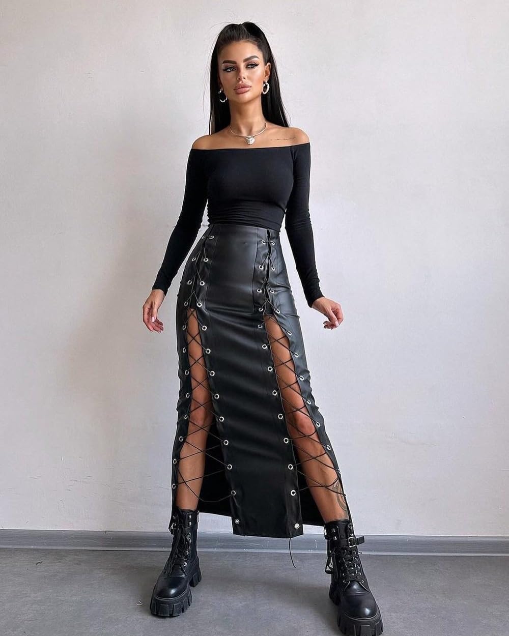 Gonne in Pelle da Donna, Gonna da Donna in Pelle PU Elasticizzata al Ginocchio con Lacci sul Retro. Gonne in Pelle con Fasciatura con Cerniera e Lacci(Black,M)