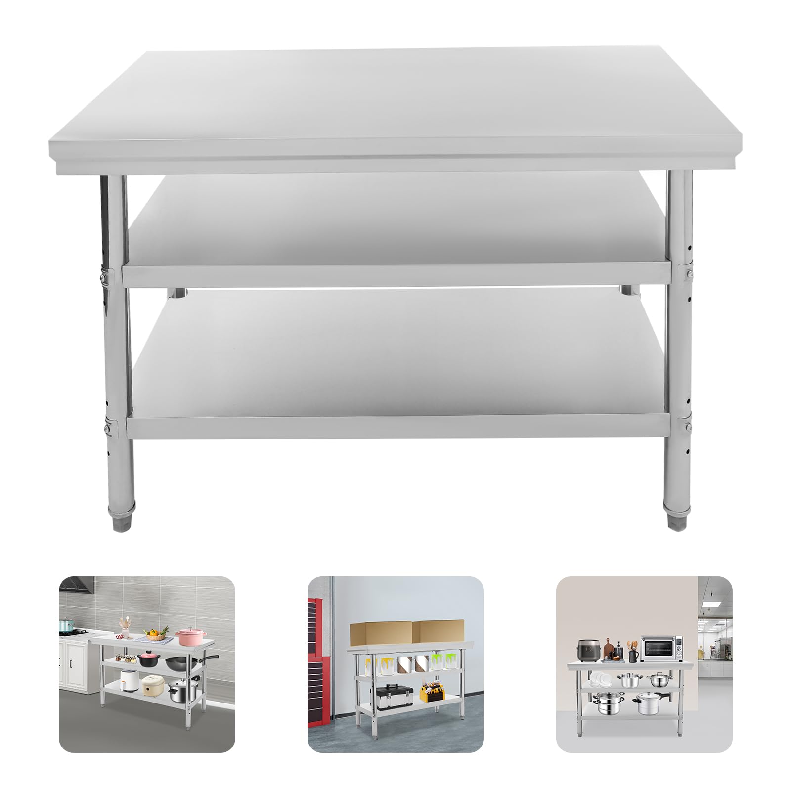 Mesa de trabajo de acero inoxidable, 3 estantes, mesa de acero inoxidable con estante y patas ajustables ajustables, mesa de barbacoa, mesa de bar, mesa de cocina multifuncional para