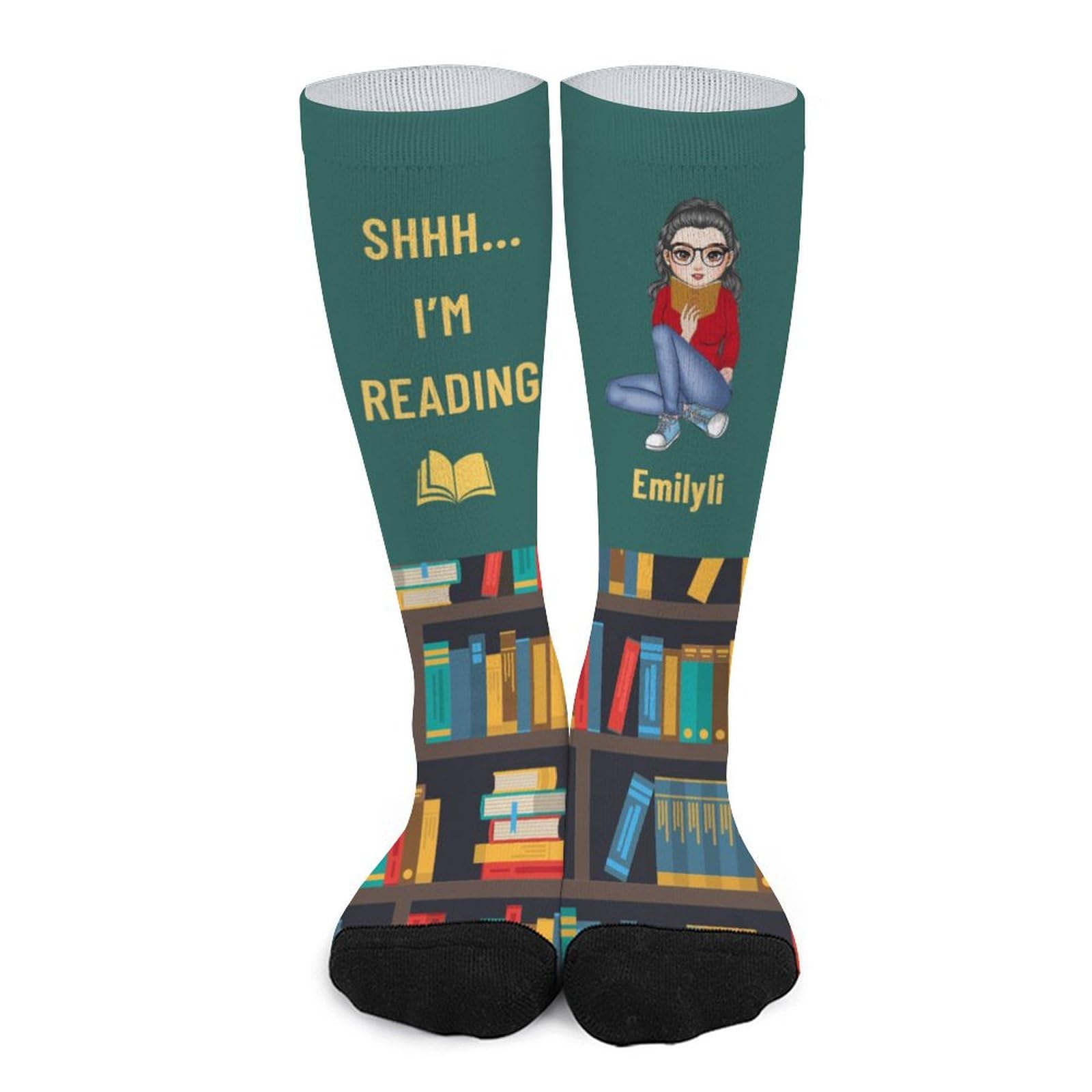 KKIIOEXX Shhh I’m Reading Socks,Personalized Reading Book Crew Socks,Custom Crew Sock With Name Portrait Text,Christmas Gifts for Book Lovers Women Readers Bookworms Librarians
