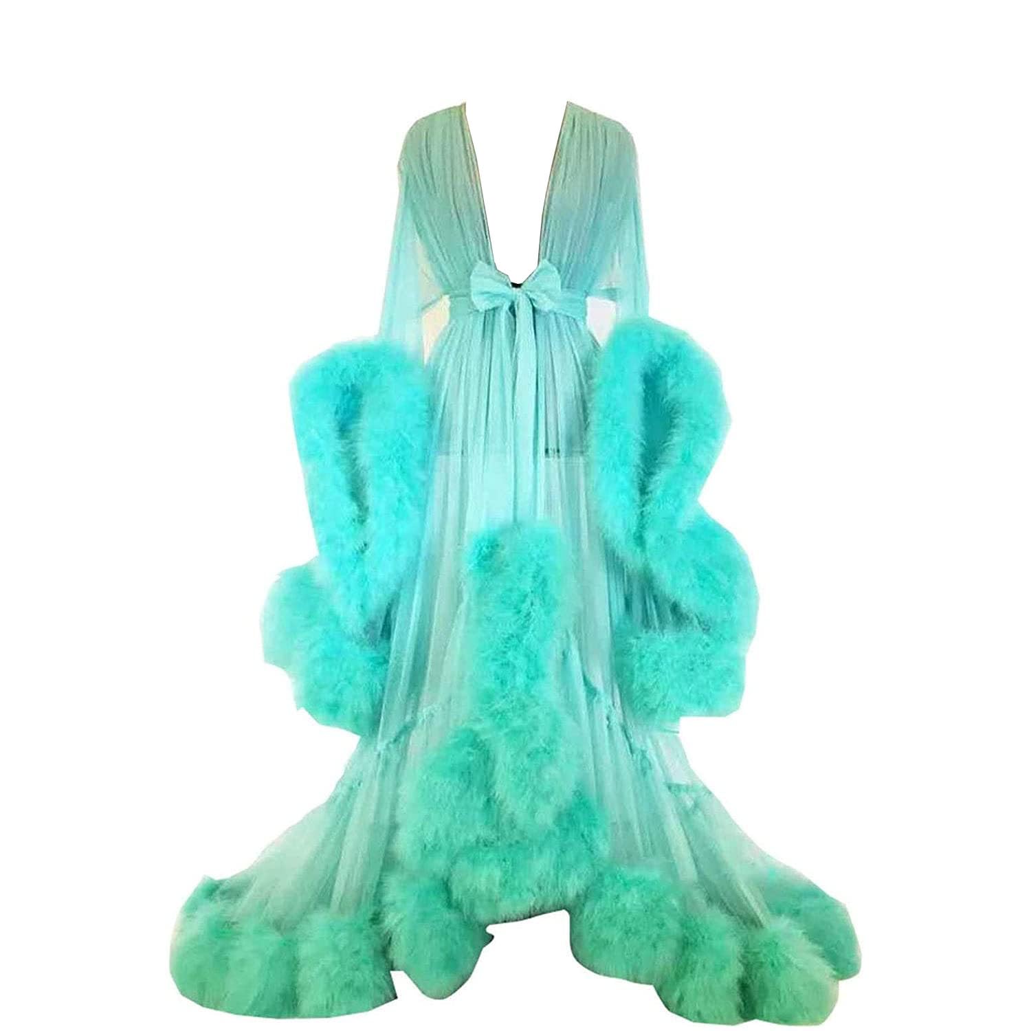 Miaoxiao Women's 7 See-Through Sexy Feather Flared Sleeve Robe Feather Bridal Robe Tulle Illusion Boudoir Feather Bridal Robe,,M