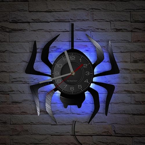 Miniatura 5 de Timethink Reloj de pared LED de araña negra de 12 pulgadas con 7 colores cambiantes, tarántula silenciosa, cuarzo, sin tictac, reloj de pared,