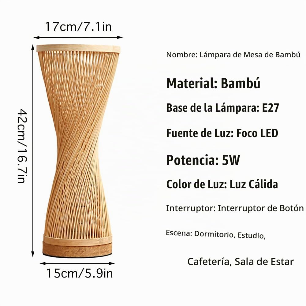 Lámpara de mesa de bambú hecha a mano, lámpara decorativa con pantalla de bambú, iluminación Zen simple para dormitorio y sala de estar