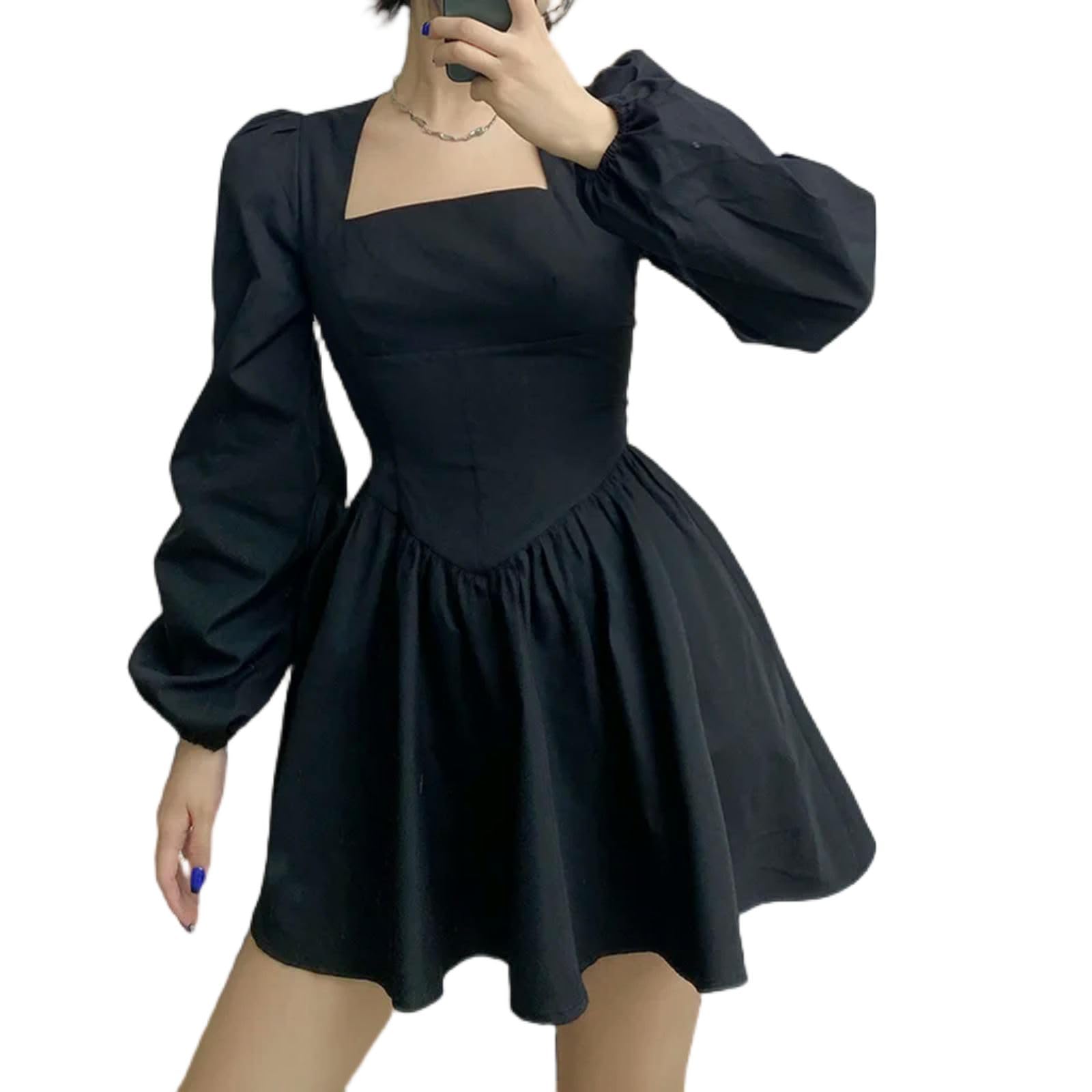 Vestido Ajustado de Corte A para Mujer, Vestido Corto con Cuello Cuadrado y Mangas largas abullonadas para Fiesta Informal, Negro, L