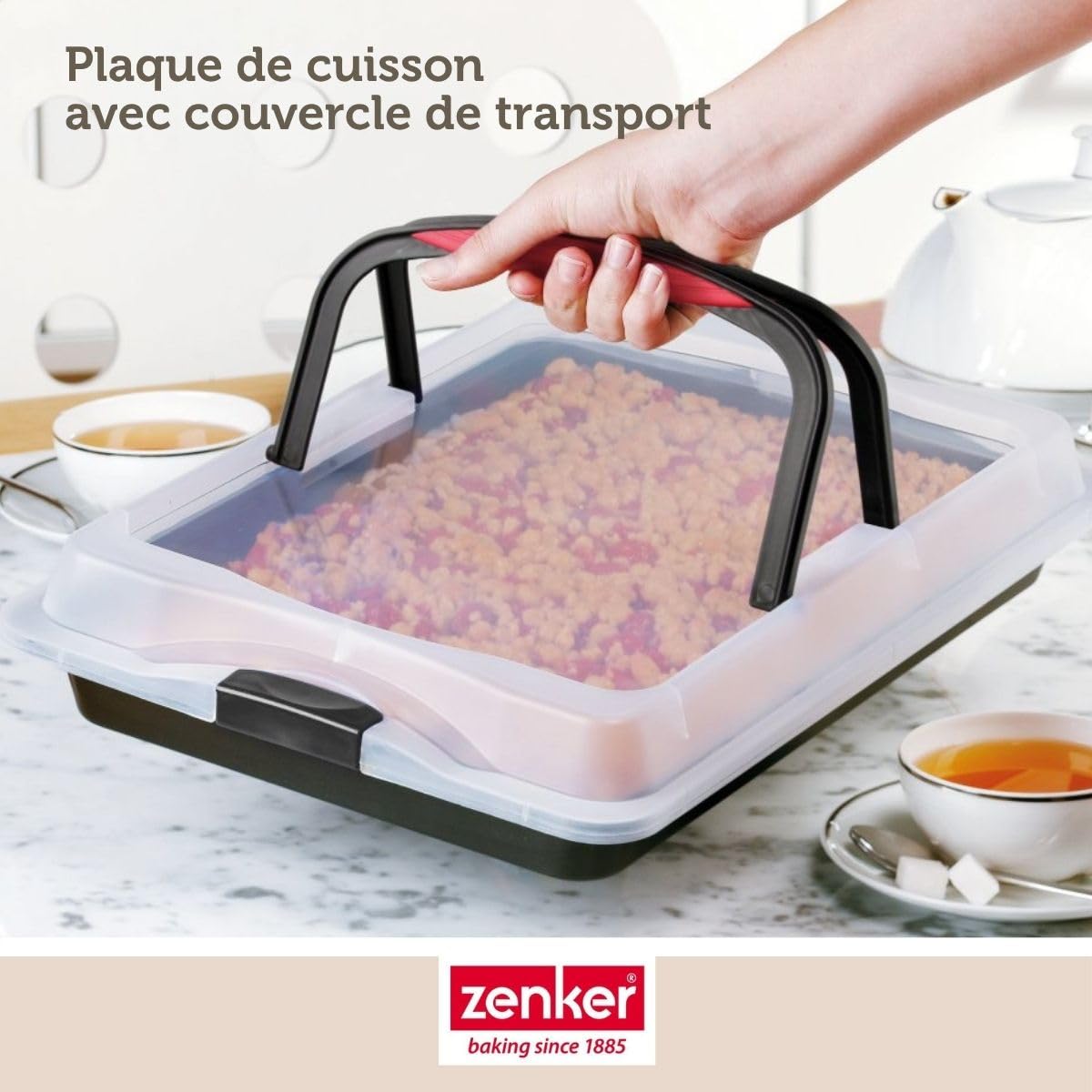 Zenker 7903 plaque de cuisson avec couvercle, plaque pâtisserie four, boite de transport gâteau, boite gâteau rectangulaire, Acier inoxydable, 42 x 29 x 7,5 cm