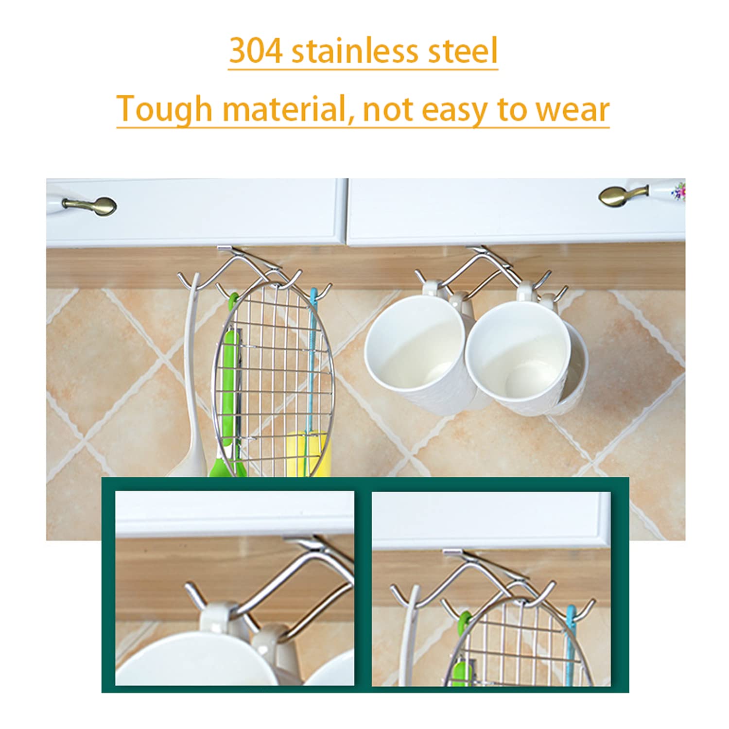 XDHLDULYK 2Pcs Kitchen Hooks 304 Stainless Steel, Hooks Under Shelf Cups Rack, Mug Organizer for Cabinet, Suitable for Use in Kitchens, Living Rooms, Restaurants and Other Places