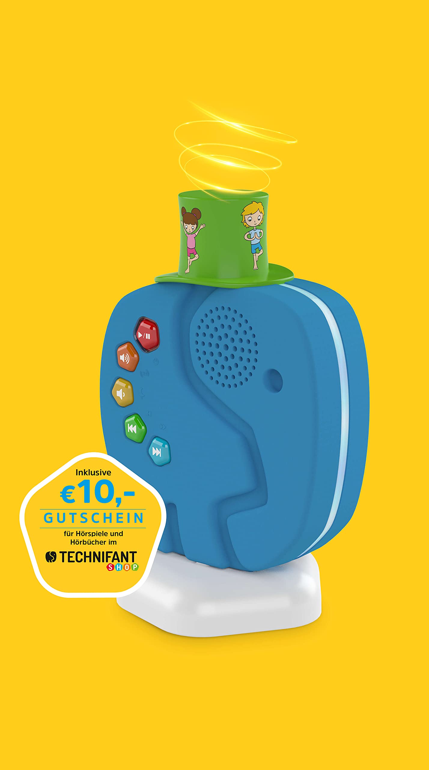 TechniSat TECHNIFANT - Audioplayer und Bluetooth-Lautsprecher für Kinder (inkl. Nachtlicht, mit MP3 bespielbarem Hütchen und leistungsstarkem Akku)