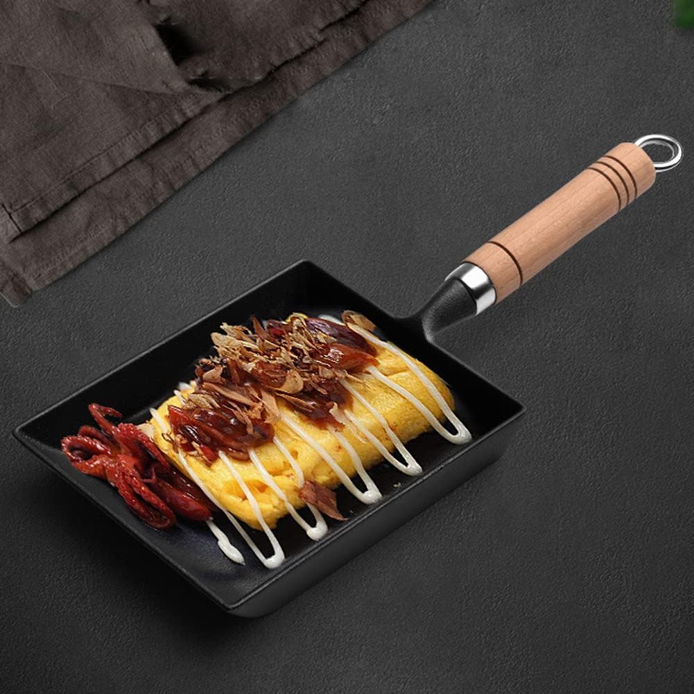 CANDeal Tamagoyaki Japanese Omelette Pan Cast Iron Wooden Handle,Grill Pan for Stove Top, Non Coating Cast Skillet Omelet Rolled Egg Pan
