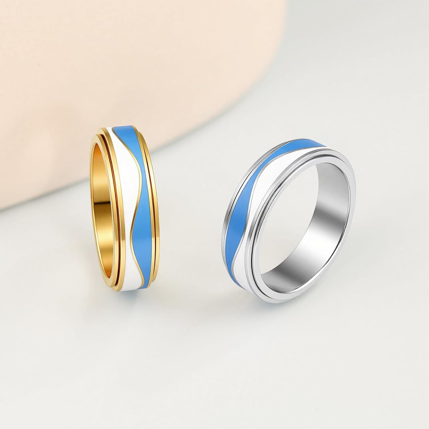OreilleStar Fidget Anxiety Relief Ring for Women: Blue Sky and White Cloud Stripes Outer Band Fidget Toys Adults Stainless Steel Spinner Thumb Rings for Men Silver Gold Plated Size 5-10 - Image 7