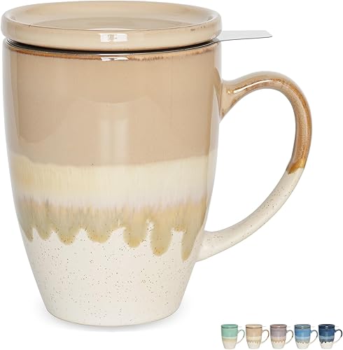 Bosmarlin Taza de té de cerámica con infusor y tapa, 13.5 onzas, 5 colores a elegir, apta para lavavajillas y microondas, taza de té con colador,