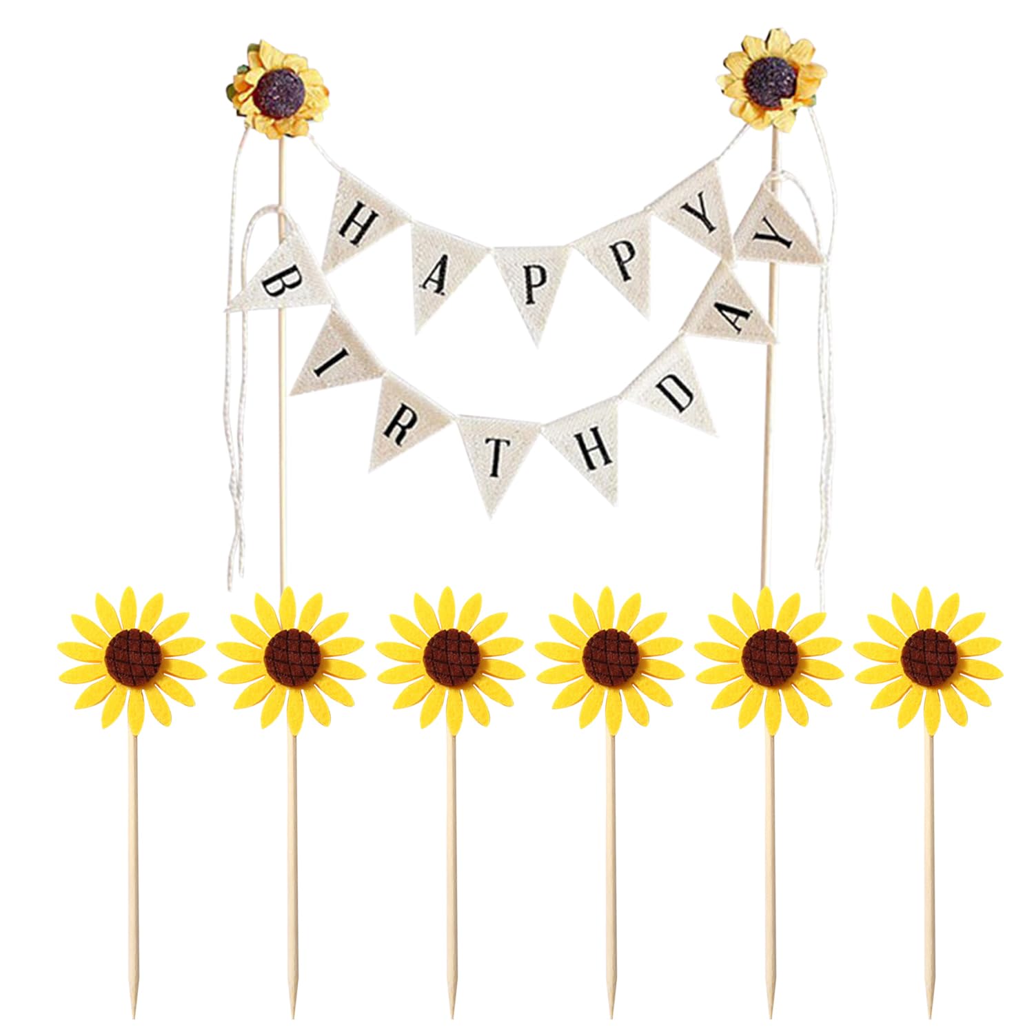 Ejufns Beige 1 Piece Of Birthday Flag Plug-In, 6 Pieces Of Sunflower Decoration, Flower-Shaped Placards, Cake Decorations, Birthday Party Supplies.