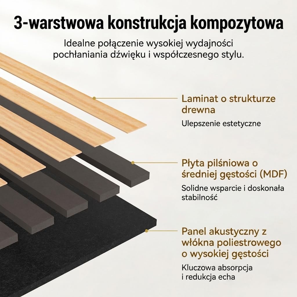 TONOR Drewniane panele akustyczne, 6 sztuk 240 x 20 cm – 2,88 m², panele ścienne, drewniane panele ścienne jako płyty wygłuszające, dekoracja ścienna z drewnianych lameli, izolacja akustyczna, do