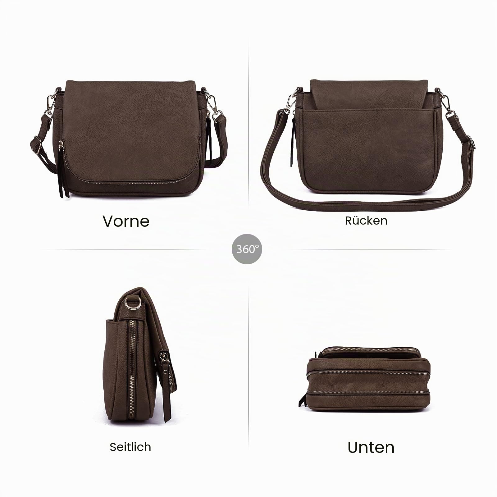 Umhängetaschen für Damen, kleine Umhängetasche aus PU-Leder, mit Überschlag und mehreren Taschen, Kaffee, Small