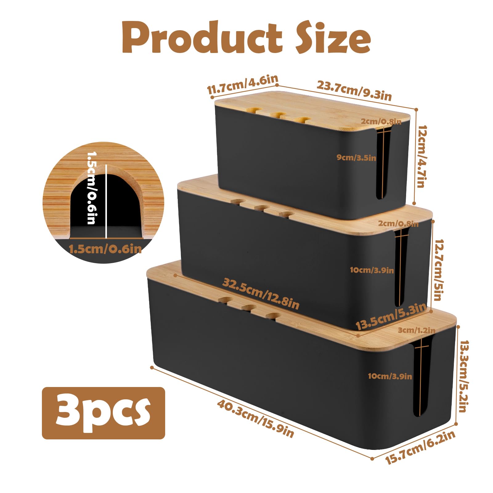 3 Piezas Caja Organizadora Cables, Caja Organizadora de Cables con Tapa de Madera Perforada, para Ocultar Enchufes, Tres Tamaños, Grande, Mediano y Pequeño, Negro