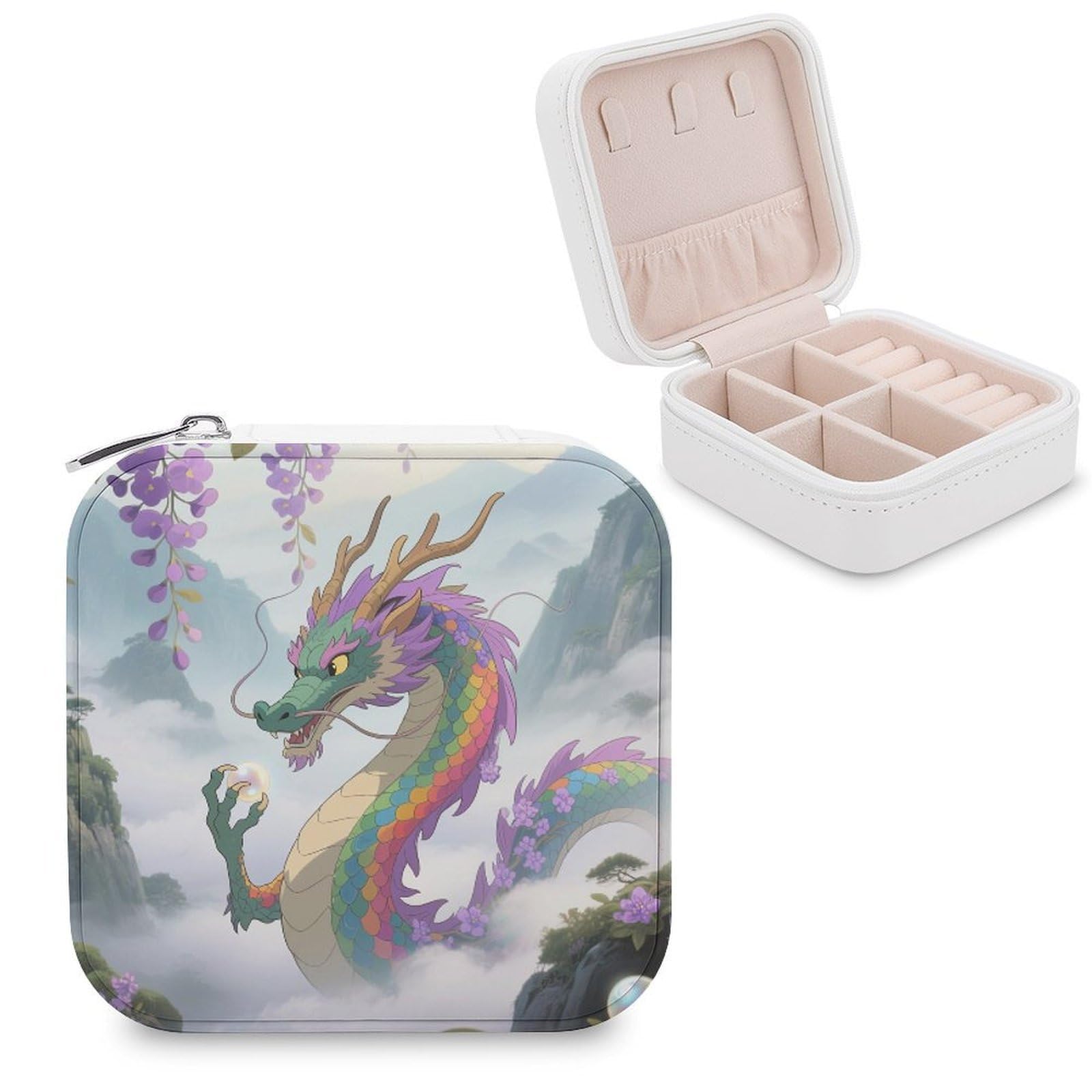 VstaDank Rainbow Scaled Eastern Dragon Jewelry Organizer Travel Case for Women With Zipper Mini Jewelry Case PU Leather Jewelrys Box for Rings Necklaces Bracelets Earring Holder Organizer Storage
