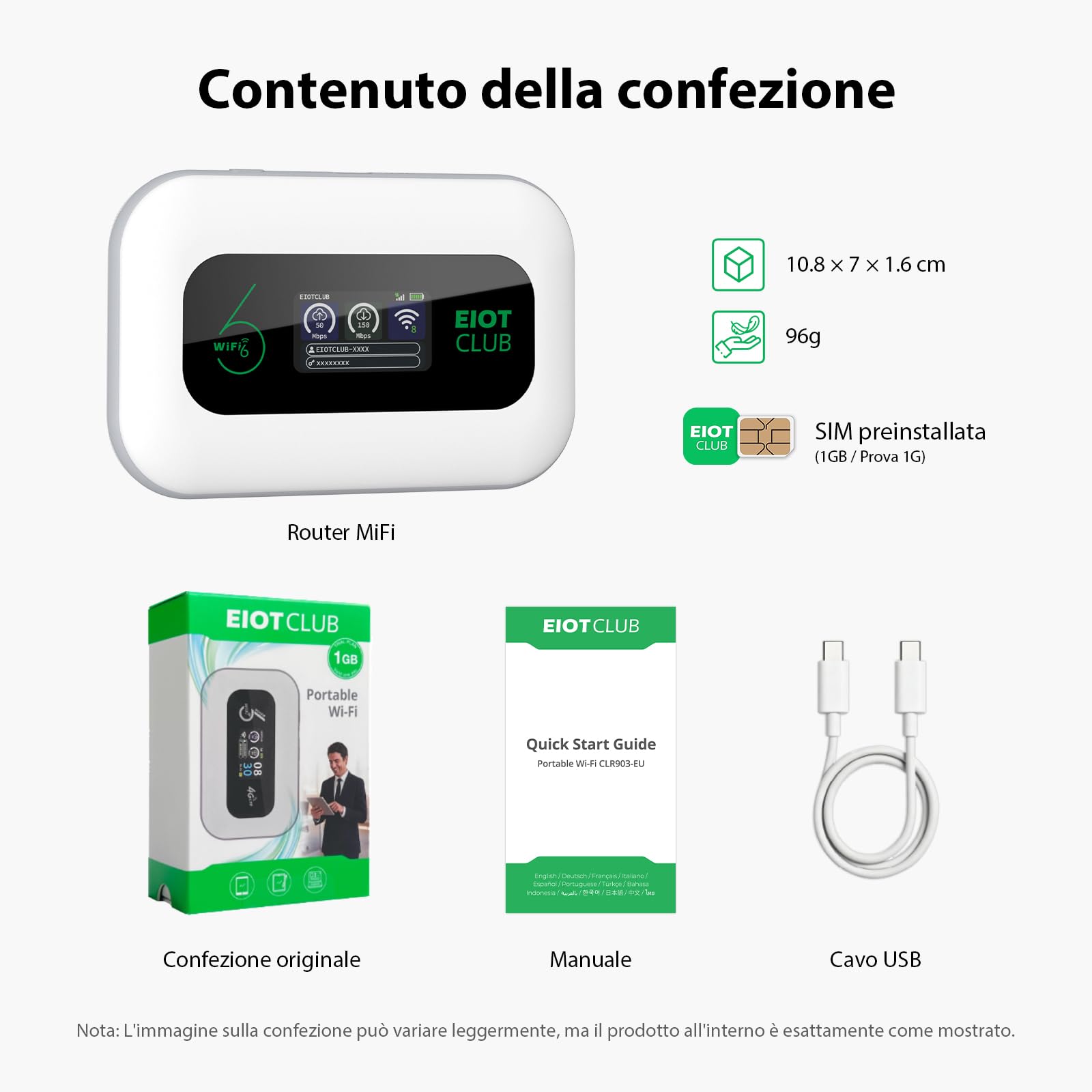 EIOTCLUB Router WiFi Mobile 4G LTE Senza Abbonamento, Con Carta SIM (Non Sostituibile), 1 GB Dati Europa, Batteria 3000mAh, Fino a 32 Dispositivi, WPA3, Pocket WiFi Portatile per Viaggi & Camping