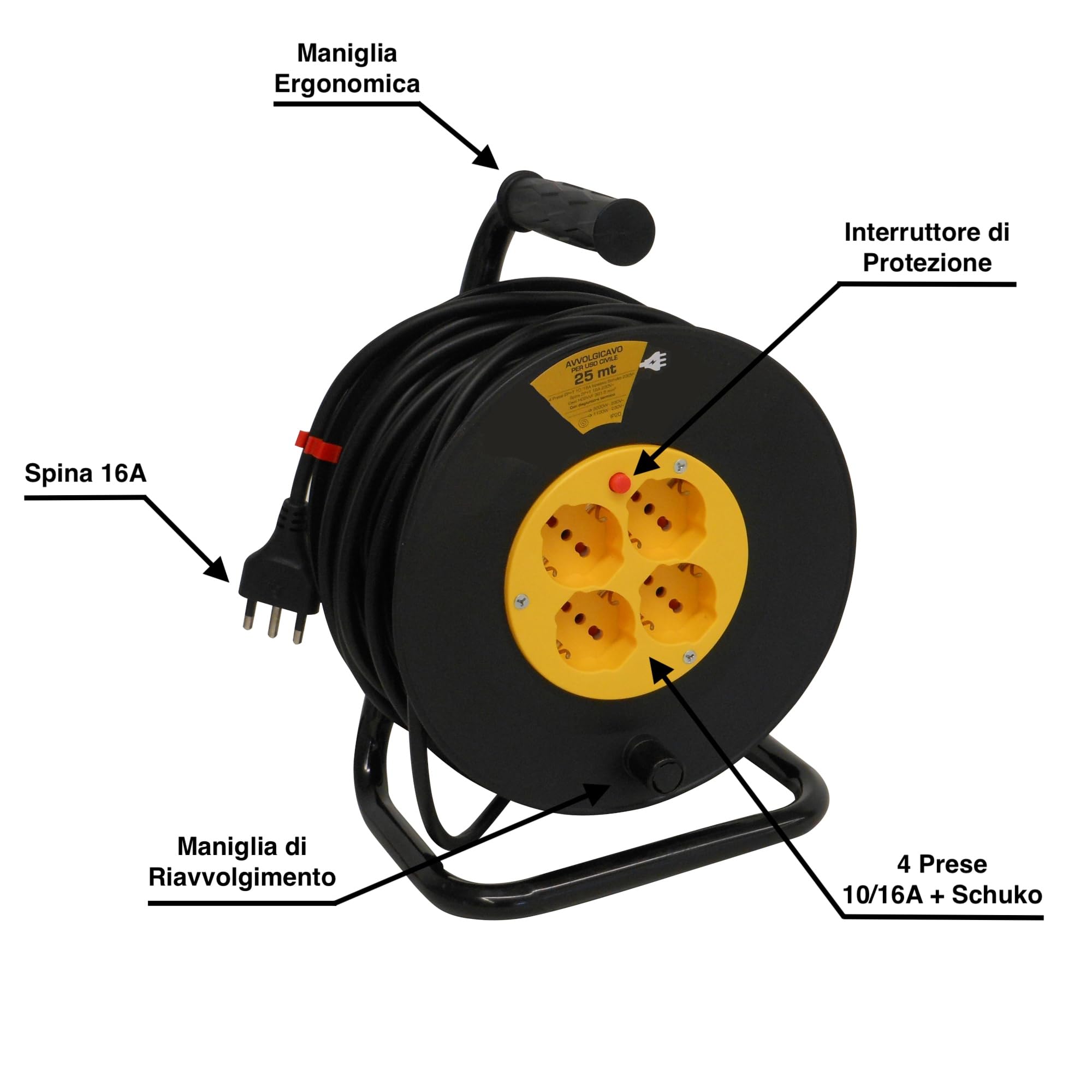 eacommerce - Avvolgicavo Elettrico 25 metri | Spina 2P+T 16A, Nero | 4 Prese Bipasso 10/16A Schuko | Maniglia Ergonomica con Disgiuntore Termico, 25 Metri