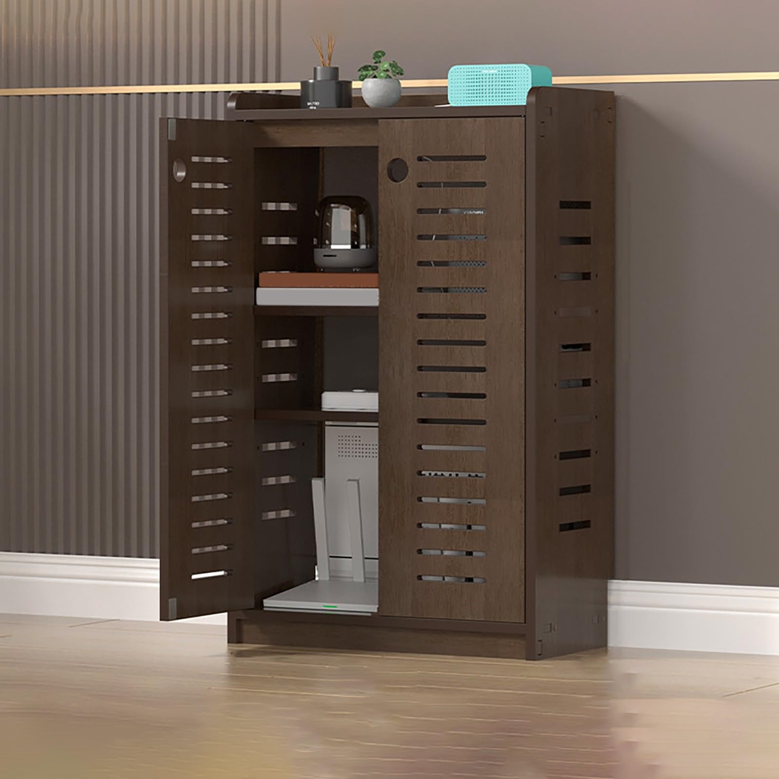 Soporte de madera para enrutador WiFi que elimina cables y disipa el calor
