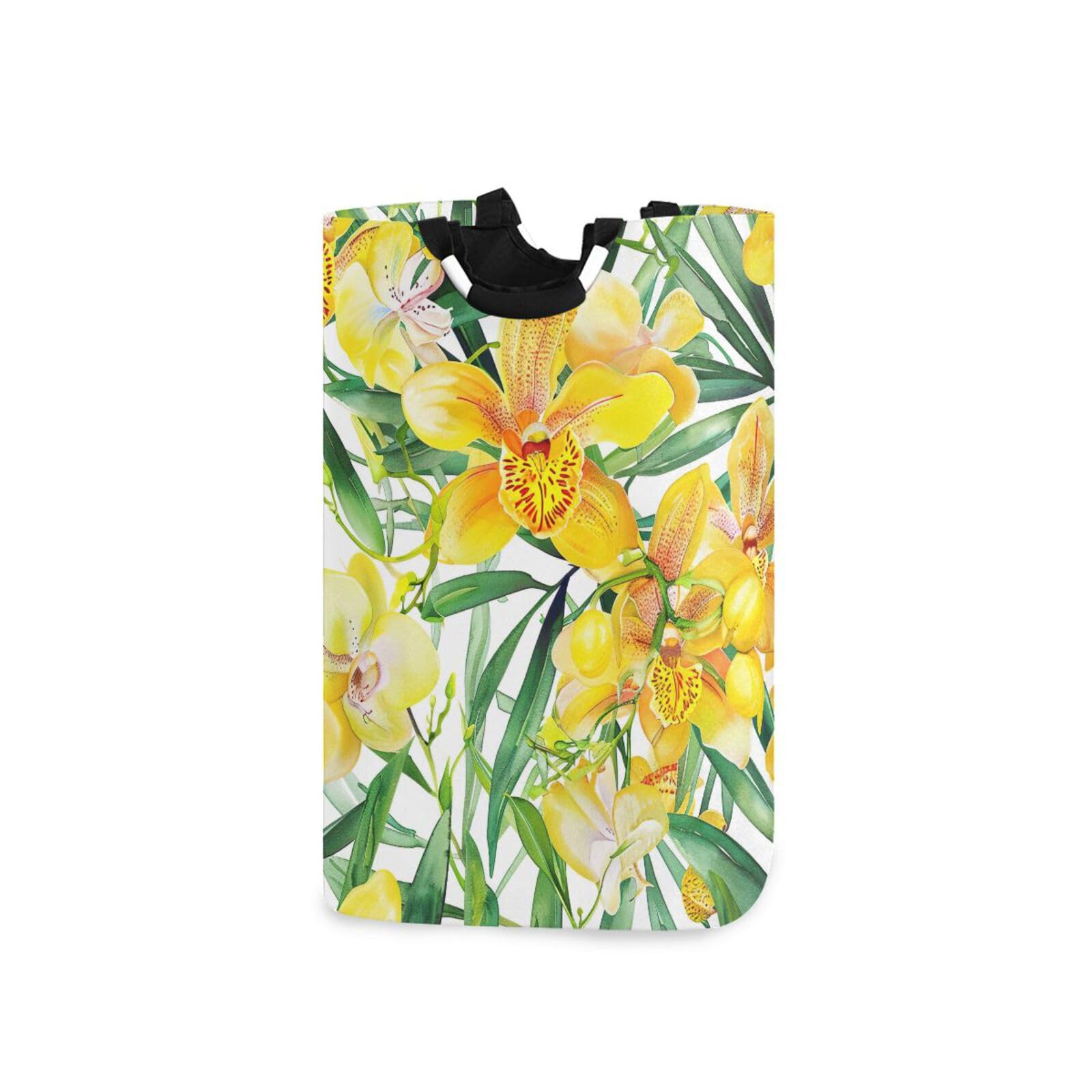 Jihqo Laundry Hamper Basket Yellow Flowers Collapsible Nursery Storage Bin Waterproof Clothing Baskets for Home Bedroom Bathroom Washing Room