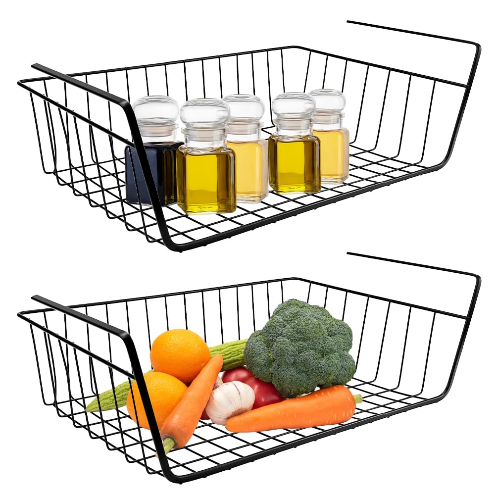 MININUSI 2 Pcs Cesta de Almacenamiento Colgante Para Cocina Cesta de Alambre Para Colgar Cesta de Alambre de Metal Apilables Cesta de Metal Para Almacenaje Negra Para Cocina Despensa Baño Armario