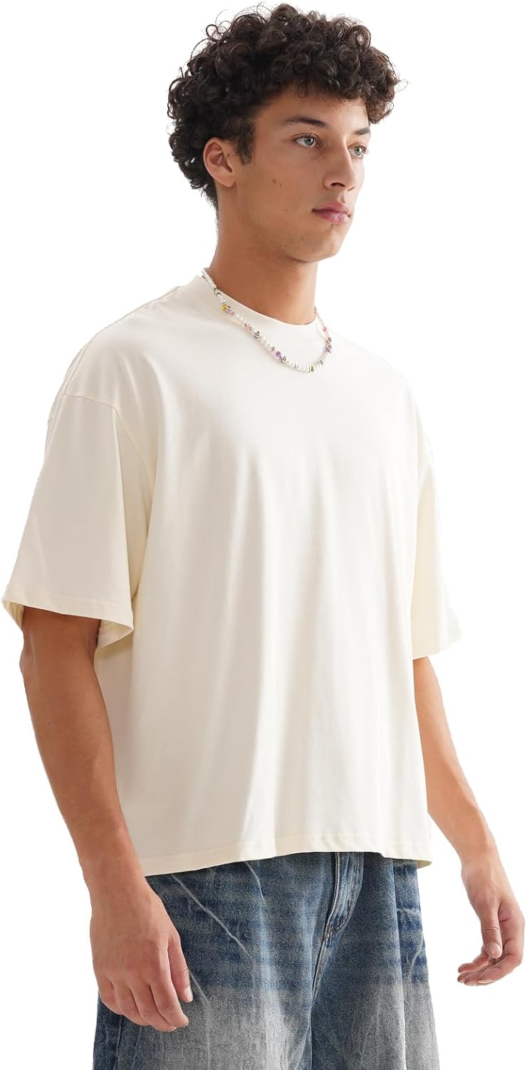 Men's T-Shirts Boxy Fit Cropped Oversized 100% Cotton Short Sleeve Round Neck T Shirts Fashion Tops Tees Shirts - Image 5