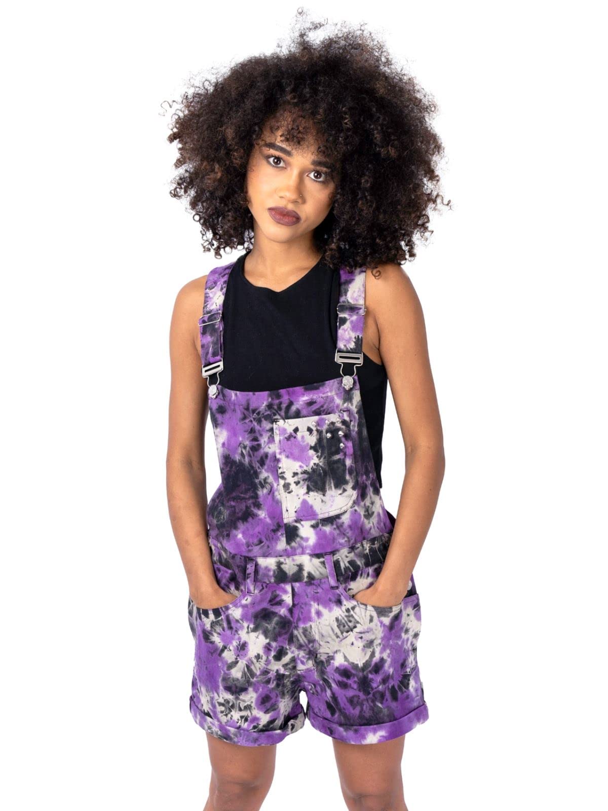 Vixxsin Meadow Tie Dye Dungaree Shorts, Purple, L - UK14, FR42, DE40, US10