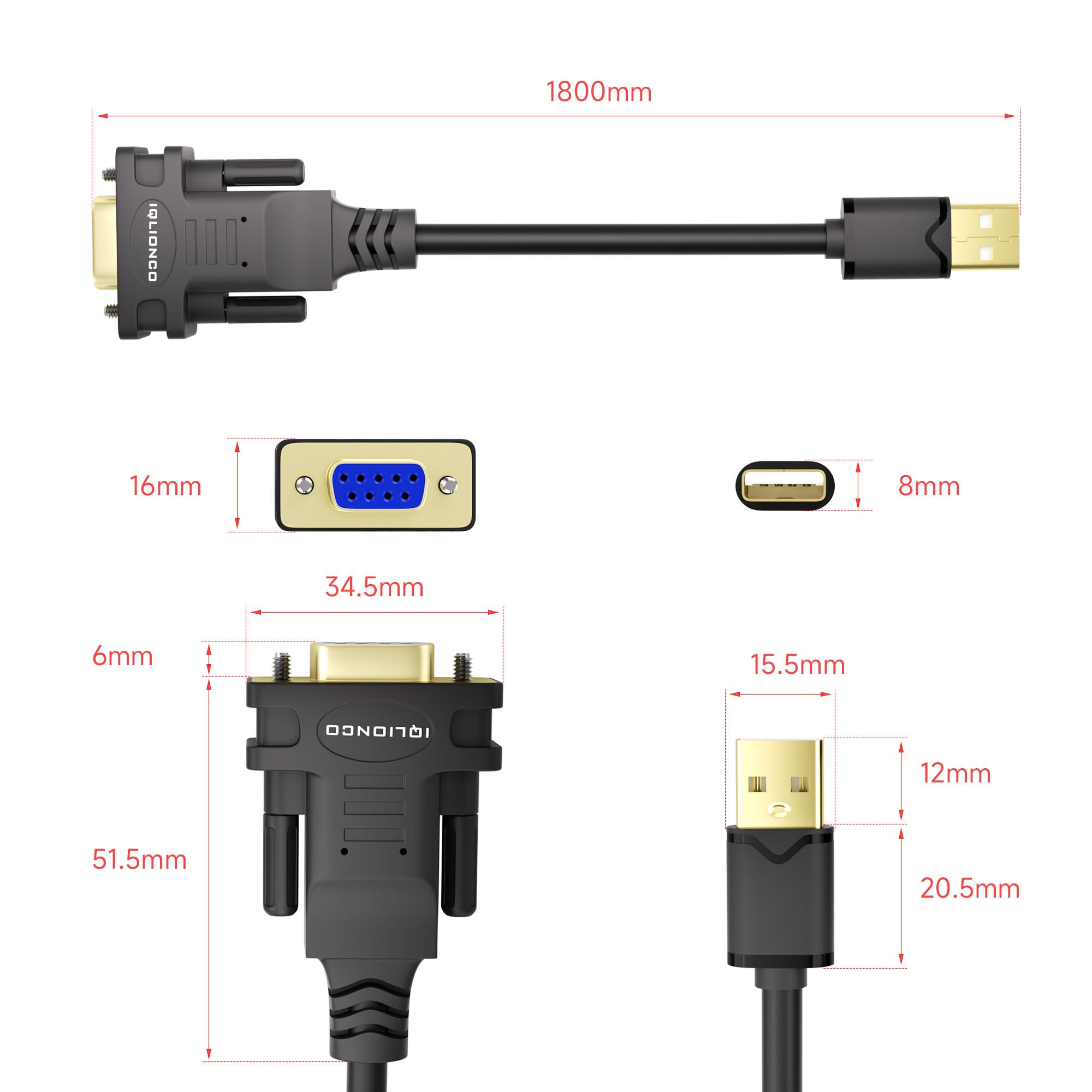 Adaptador USB a RS232 de 6 pies con chipset FT232RL, cable serie USB 2.0 hembra compatible con Windows 11, 10, 8, 7, Vista, XP, 2000, Linux y Mac OS