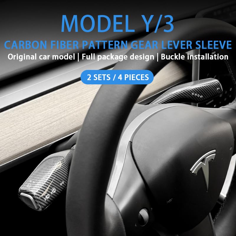 FOAN Steering Lever Cover, Carbon Fiber Car Gear Shift Lever Covers Compatible with Tesla Model 3/Y, Full Protection Gear Shift Cover Accessories, 4PCs, White