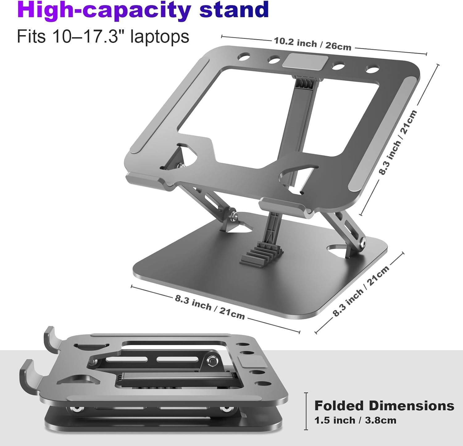 Adjustable Laptop Stand for Desk, Portable Laptop Riser with 3 Support Arms, Super Sturdy Foldable Metal Ventilated Ergonomic Notebook Holder for MacBook/Dell/HP (10-17.3'')