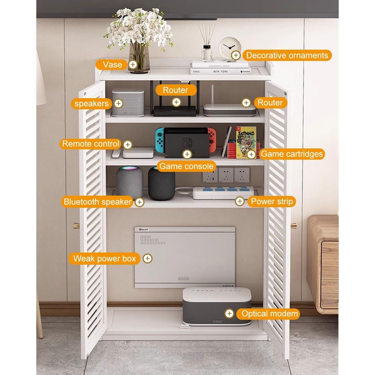 Boîte de Rangement pour Routeur sur Pied Modem, Armoire de Rangement WiFi, Étagère Double, Cache et Solution de Rangement pour Espaces Bien Rangés(White,H97cm/38in)