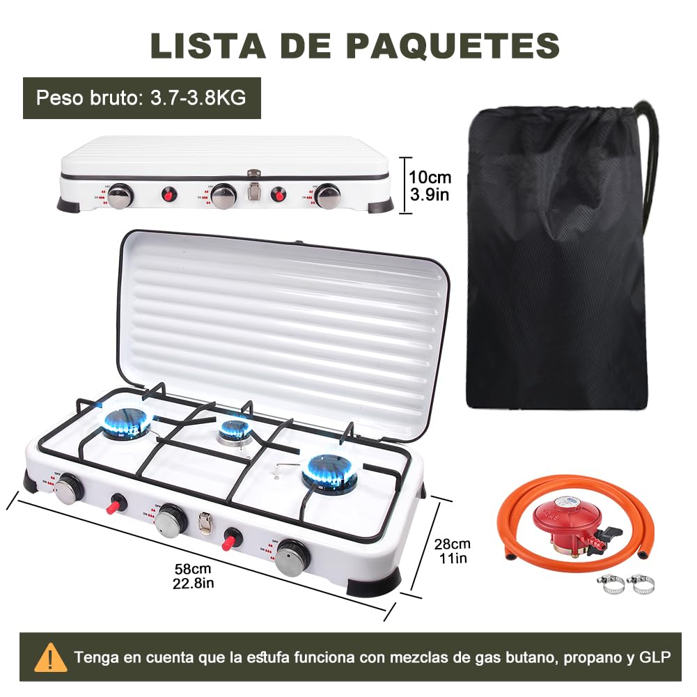 Cocina Gas Portátil 3 Fuegos Eencendido Piezoeléctrico, 5.4kw Camping Hornillo de Gas con Tapa, Exterior Festivales Hornillo Quemador de Gas al Aire Libre (blanco brillante)