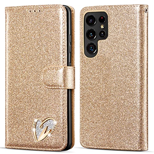 QLTYPRI Samsung Galaxy S23 Ultra Wallet Case Bling Shiny Glitter Flip Folio Case Full-Body Protective Cover Card Slots Magnetic Closure Kickstand Wrist Strap for Women Girls S23 Ultra Case - Gold