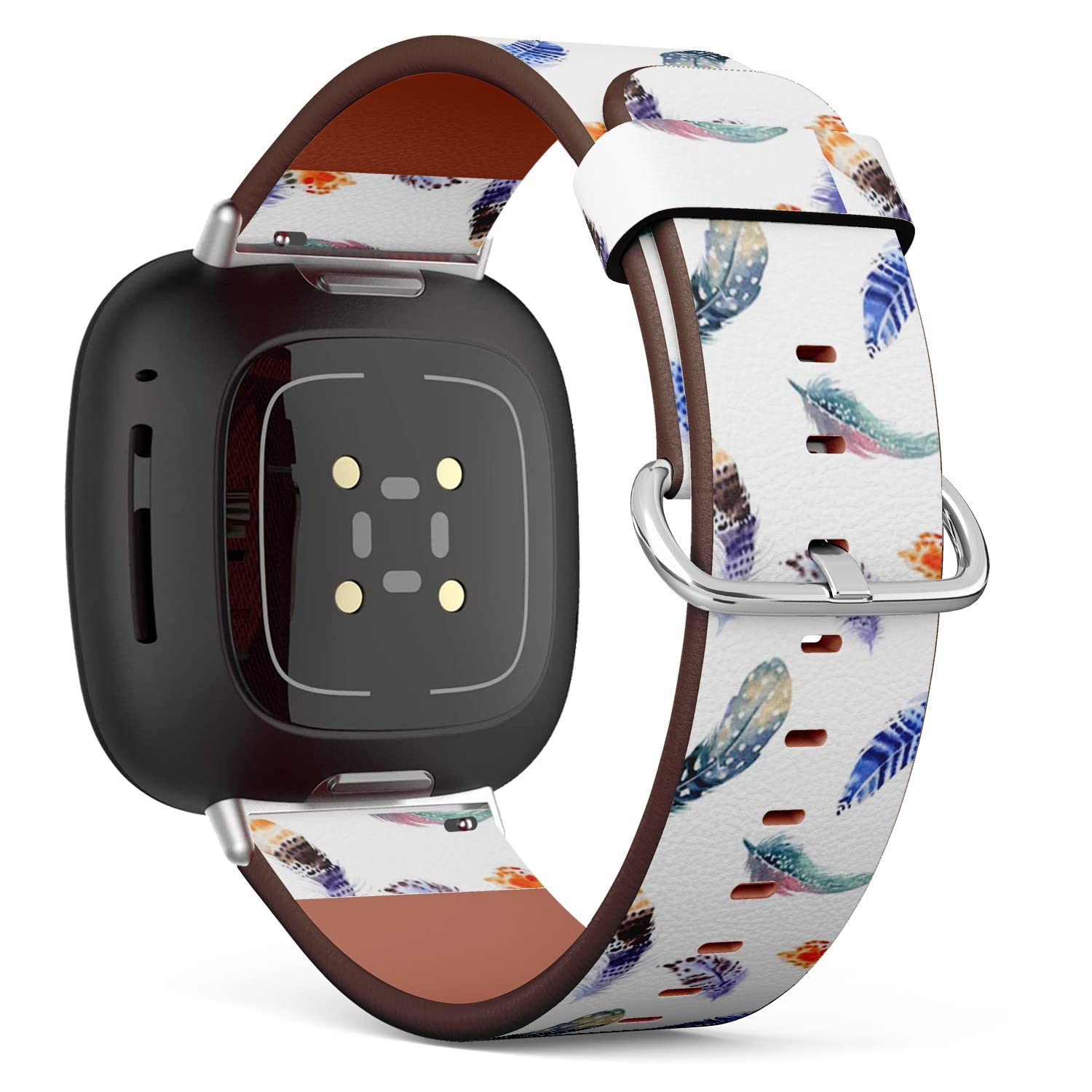 CJBROES Replacement Leather Watch Band, Compatible with Fitbit Versa 3 and Fitbit Sense of Wristband Bracelet Accessory - Feathers Watercolor Elegant