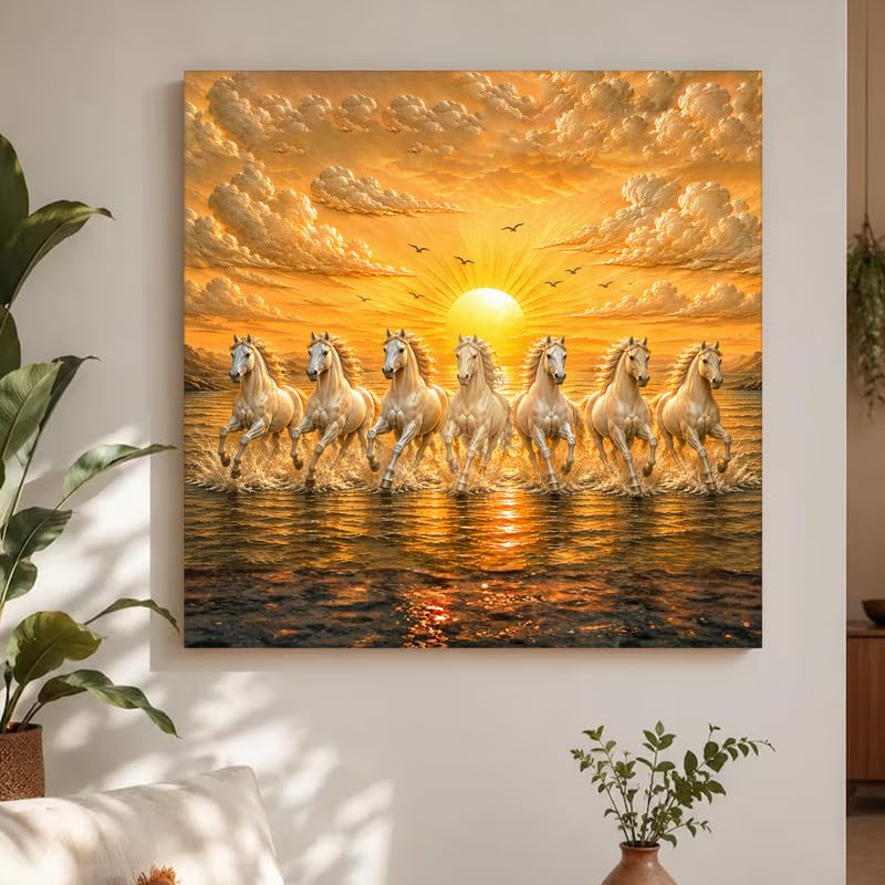 Image of PAINTINGMANTRA 7 White Running Horses Canvas Wall Art Painting For Living Room|Seven Running Horses Vastu Stretched Canvas Painting For Bed Room, Home & Office, 22x22 Inch