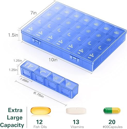 Miniatura 9 de BUG HULL - Pastillero XL 4 veces al día, pastillero semanal extra grande, contenedor de vitaminas para 7 días, pastillero diario para aceite de