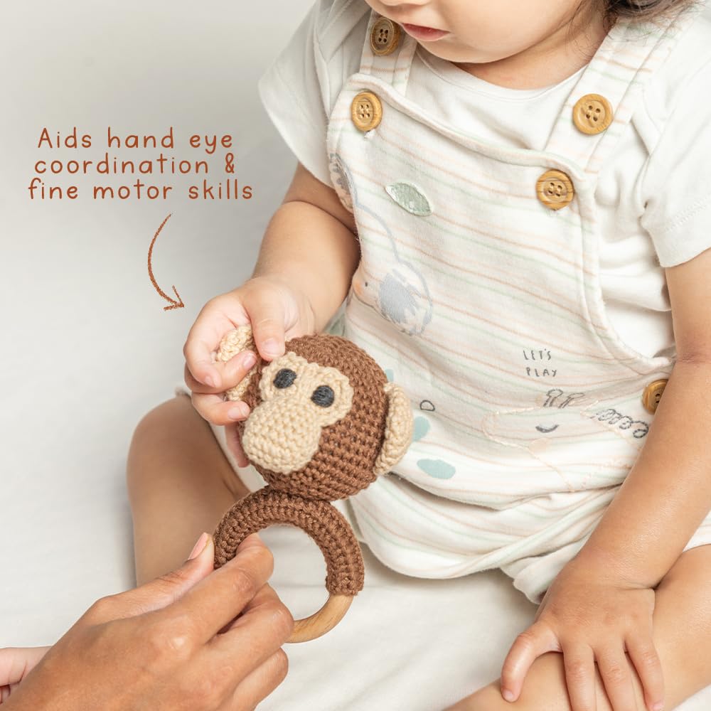 GUBBACHHI Maakad Crochet Monkey Rattle Toy | Cotton Crochet Doll with Natural Beechwood Ring | Rattling Sound | Handmade in India| Rattle for Babies | Discover Sounds & Explore Textures | 3 Months + 4 61+H720F6mL. SL1000