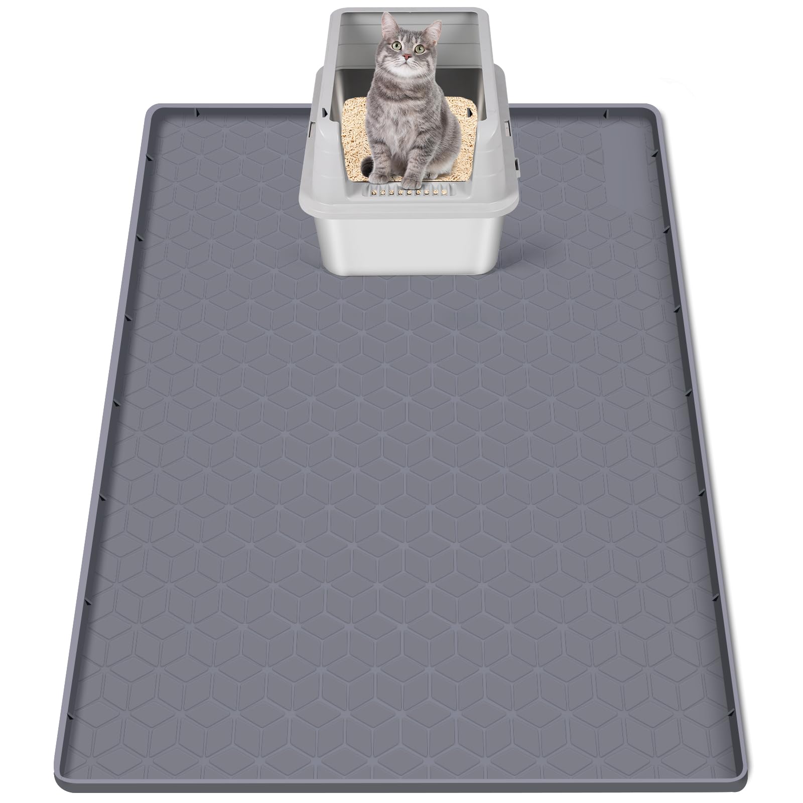 Bartuke Cat Litter Mat, Extra Large 34" x 22" Silicone Mat Litter Trapping Mat for Scatter Control, Soft on Kitty Paws, Easy to Clean (Grey)