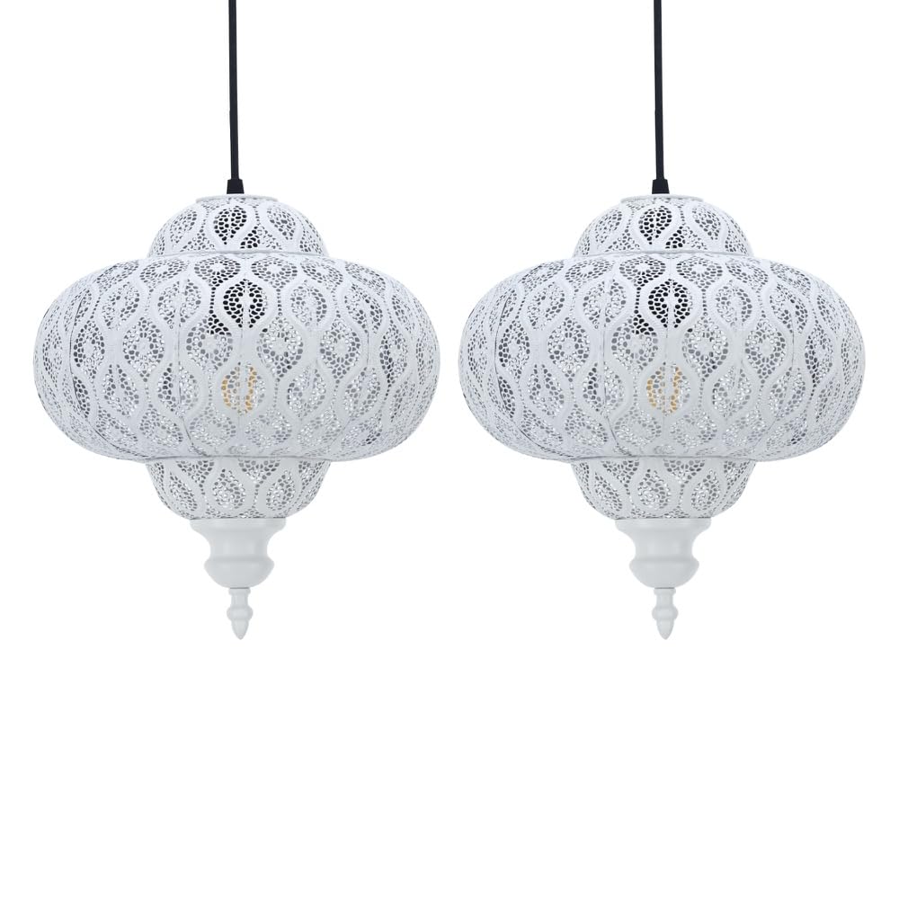 Set of 2 White Moroccan Fretwork Design Ceiling Light Shades, Easy Fit Pendant Lightshades, Height 30cm, Diameter 28cm