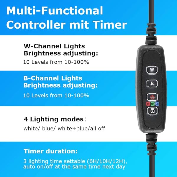 BELLALICHT LED Minuterie Éclairage d'aquarium, Lampe Tube Aquarium [Bleue & Blanc Lumière] avec Gradateur intégré, Dimmable 10 niveaux de luminosité IP67 étanche pour Aquariophilie - 3