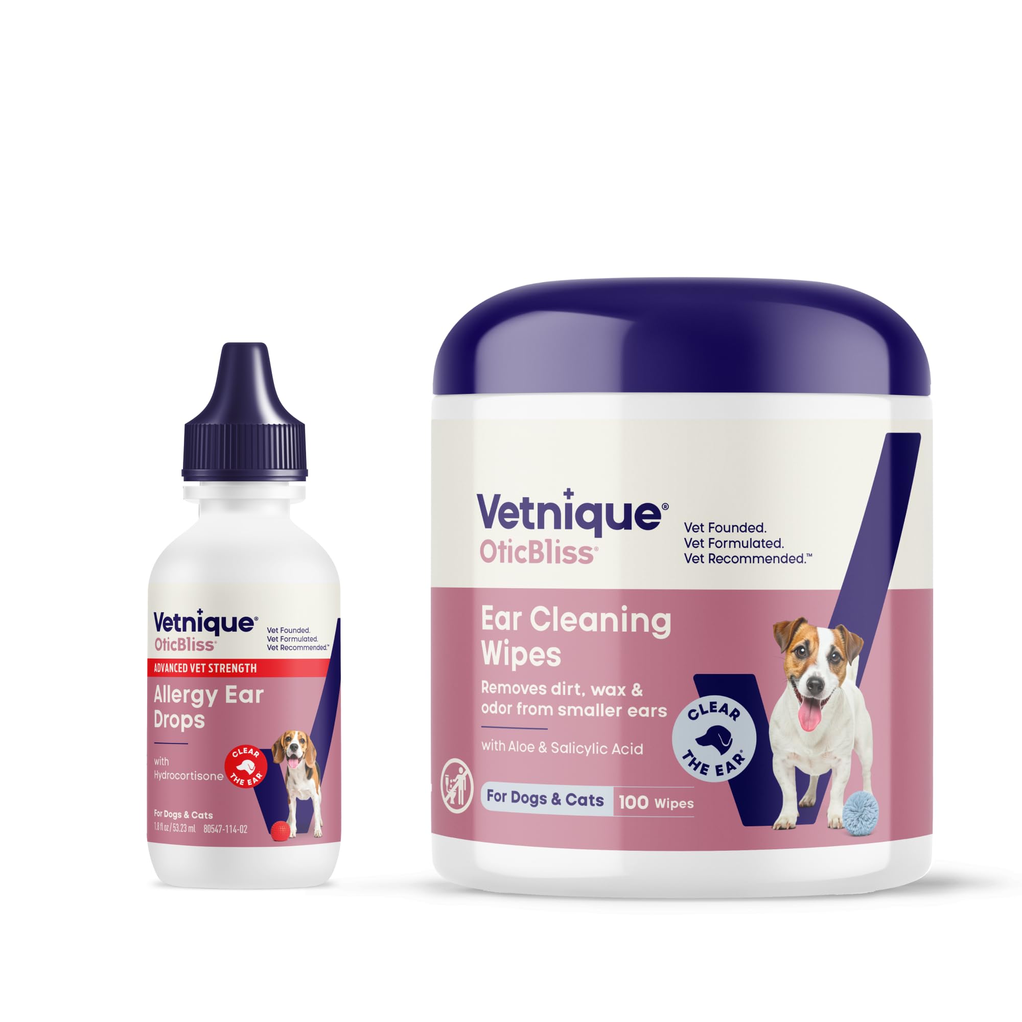 Vetnique Oticbliss Medicated Allergy Ear Drops and Oticbliss Advanced Cleaning Wipes (100 Count) Bundle Advanced Ear Cleaning Solutions with Medicated Ear Drops, Plus Dog Ear Cleaning Wipes with Aloe