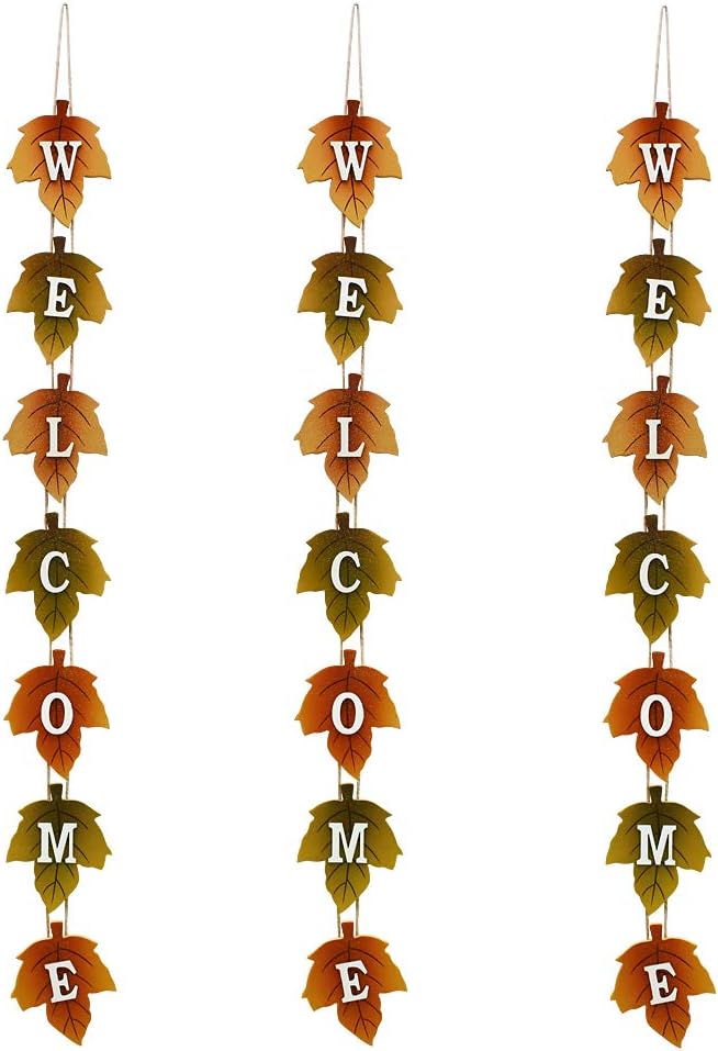 Autumn Welcome Sign with Fall Leaves Vertical Wall Hanging Sign for Front Door, Wood Maple Leaf Ornament Welcome Door Sign Wall Decor for Autumn Harvest Thanksgiving Decor (1)