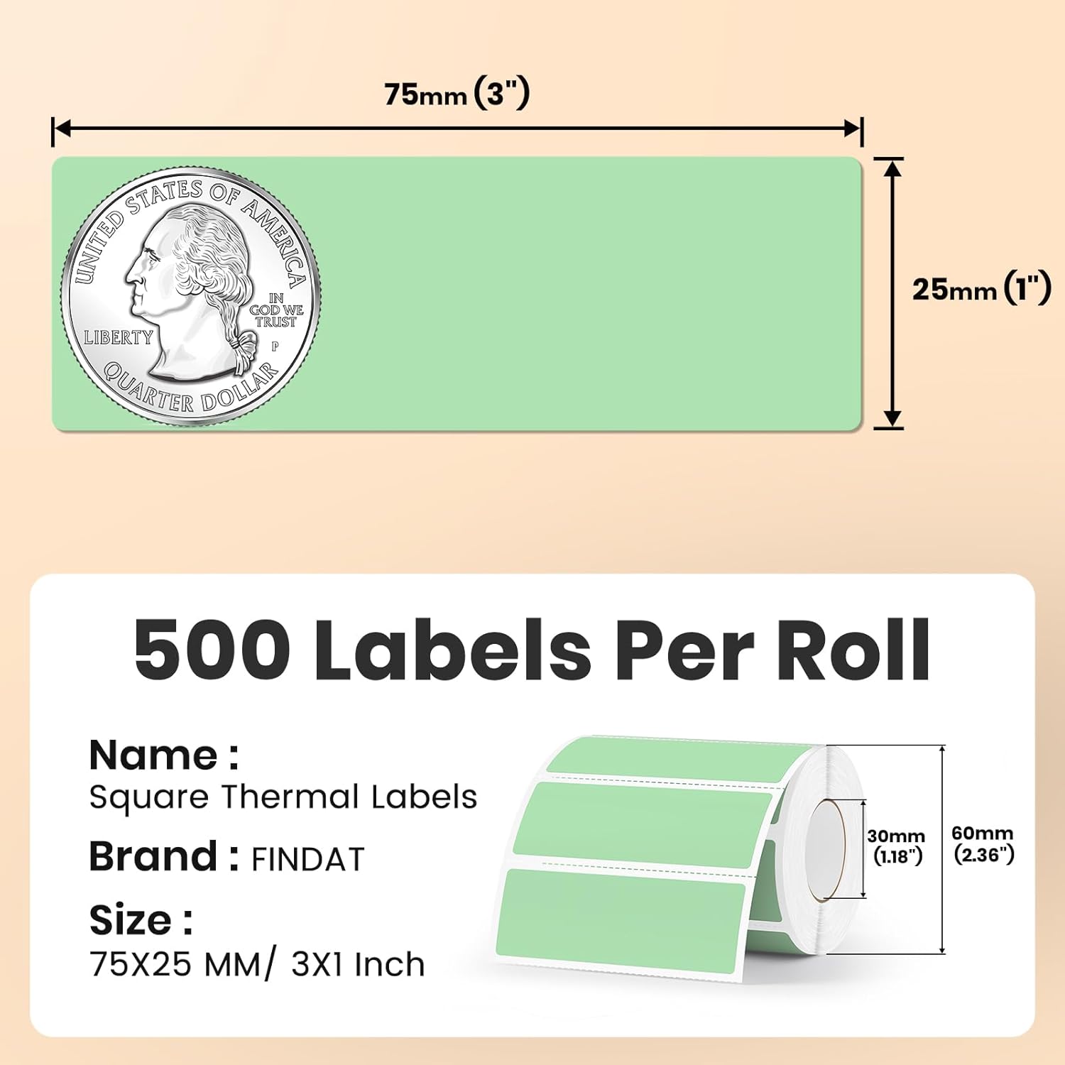 Green Thermal Labels 1 × 3 Inch Vinyl Rectangular Waterproof Direct Printer Sticker Self-Adhesive Perforated Postage Tag for Logo DIY Barcodes UPC Office Address 500 PCS - Image 2