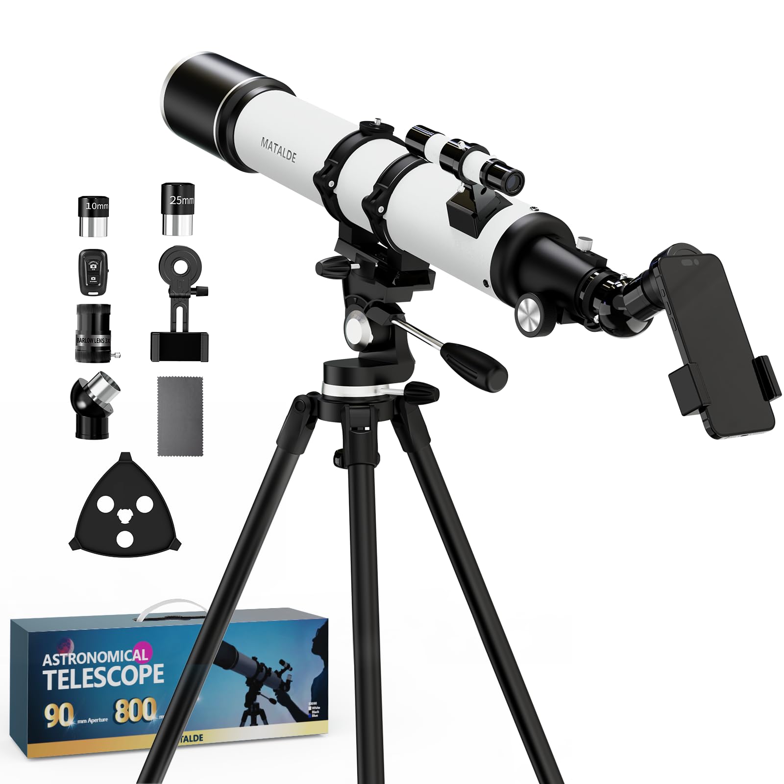 Télescope réfracteur de 800 mm de focale et d'ouverture de 90 mm, idéal pour débutants et Adultes. Grossissement de 32x à 240x. Lentille de Barlow 3X et Adaptateur pour téléphone Inclus (Blanc)